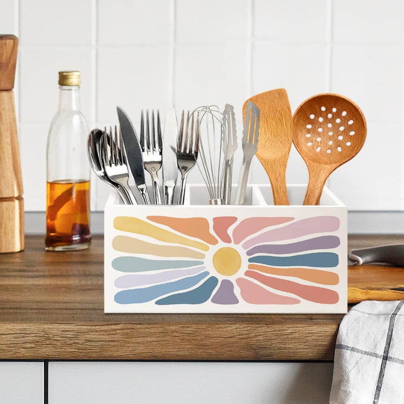 KBRCT Boho Colorful Sun Sunshine Wooden Utensils Holder, Abstract Mid Century Modern Sun Wood Cooking Utensil Holder Organizer for Kitchen Countertop Counter Decor Accessories - Image 5